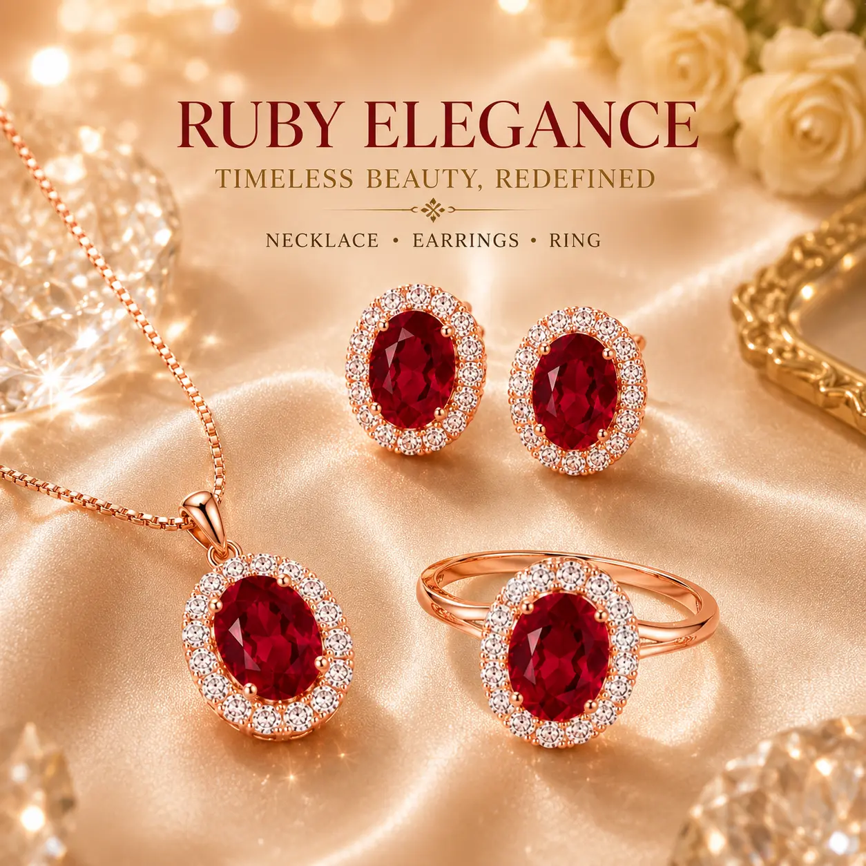 Rose Gold Ruby Jewelry Set (Oval Halo Pendant Necklace, Stud Earrings, and Ring) — Luxurious bridal jewelry, a perfect gift for women, birthdays, or Mother's Day; suitable for all seasons.