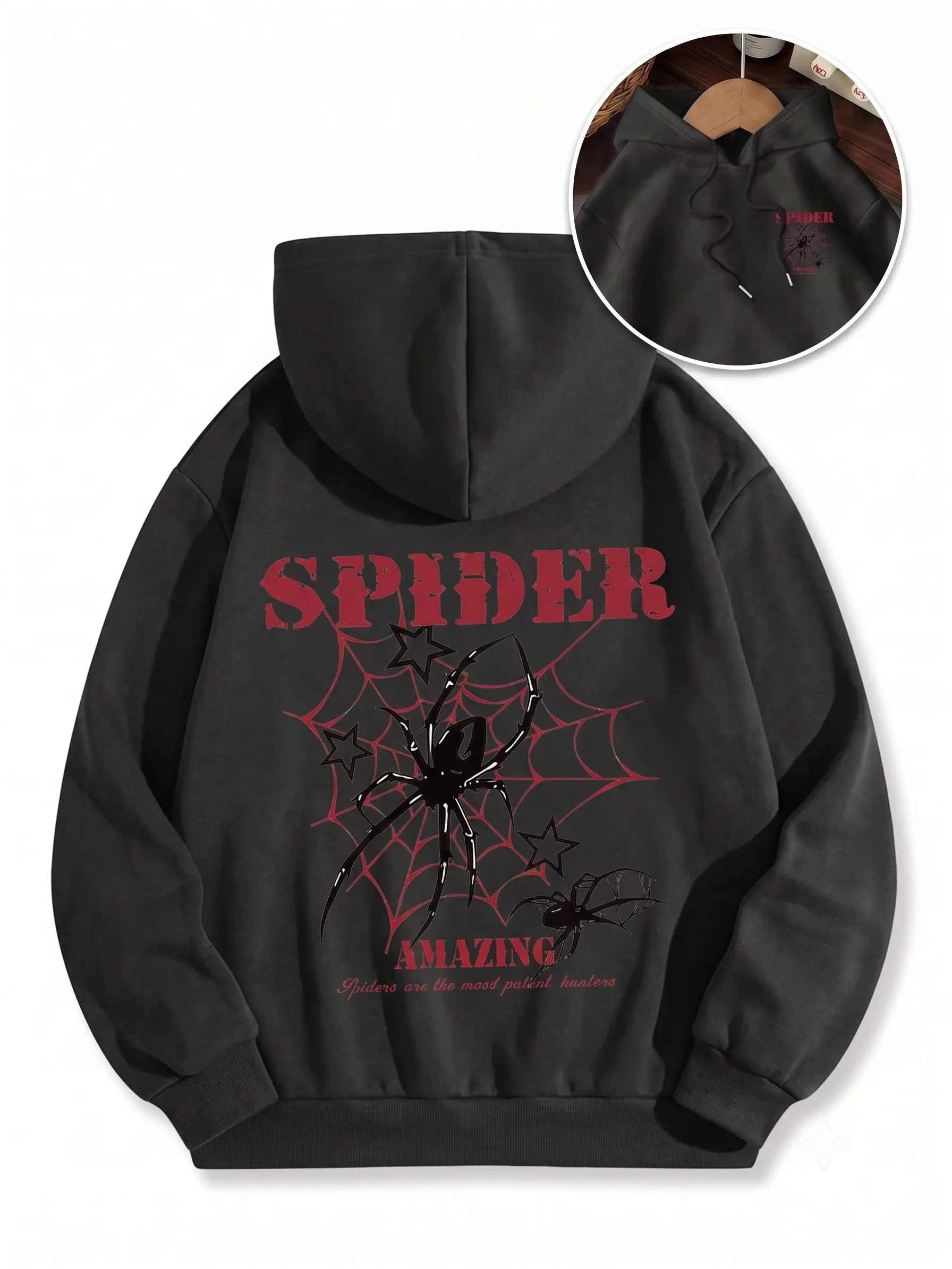 Men's Hooded Pocket Sweatshirt - Spider Print, Halloween Casual Long Sleeve Top, Soft Comfortable Fabric, Fall & Winter Wear
