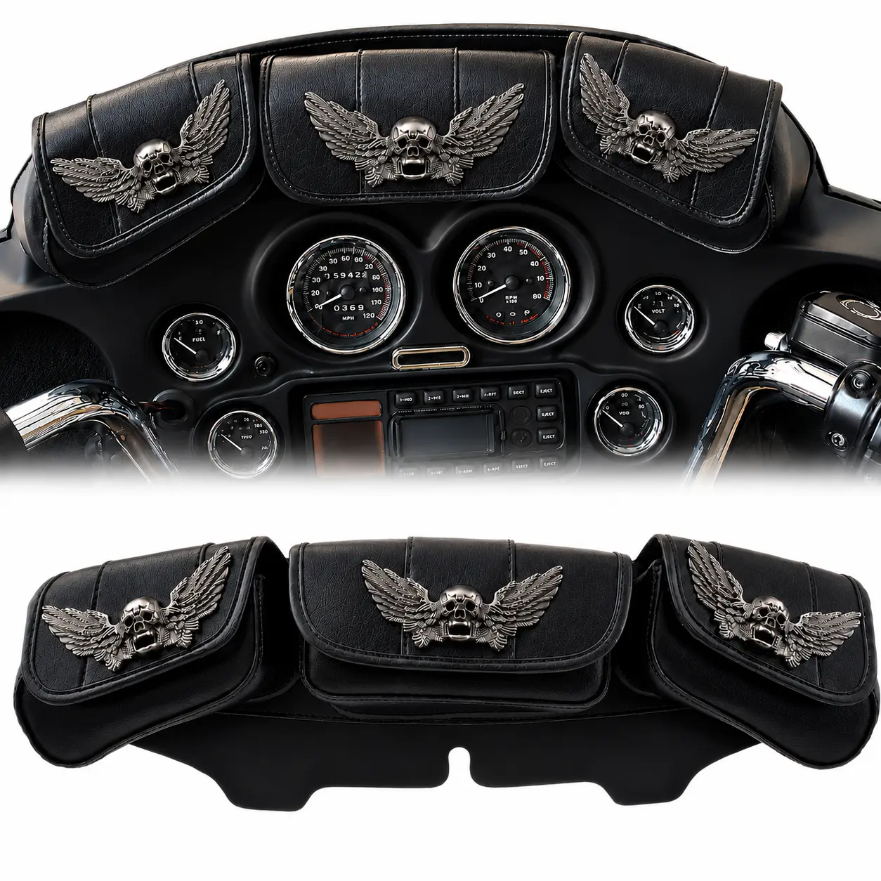 Black 3-Pocket PVC Motorcycle Windshield Fairing Bag - Bolt-On Batwing Storage Pouch with Skull Accent for 1996-2013 Harley Touring Models, Harley Motorcycle Accessories