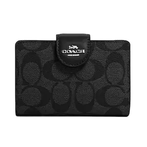COACH Corner Zip13 Classic Monogram Color-Blocked Carriage Snap-Fold Card Wallet for Women – Khaki and Black