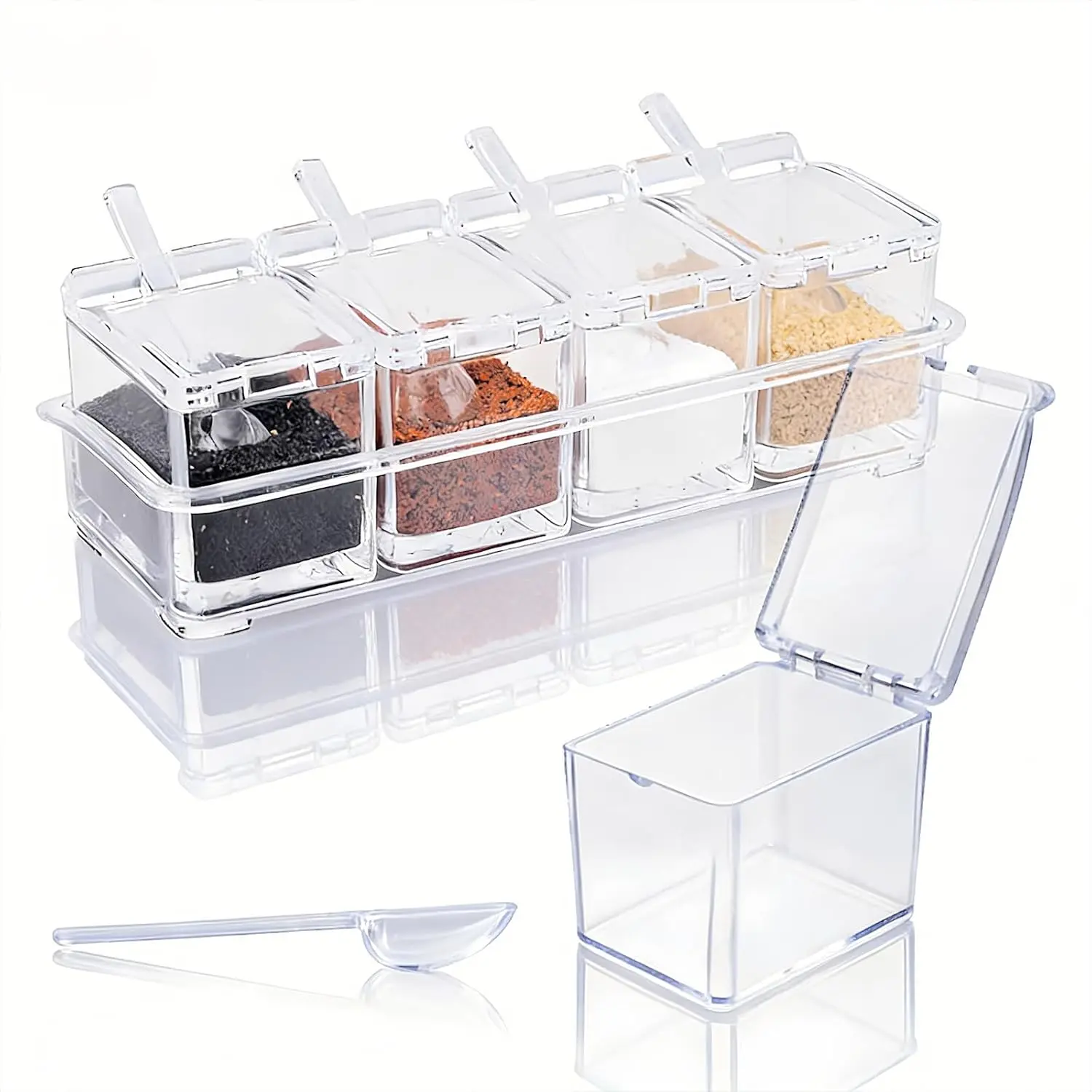 4-Piece Sturdy Transparent Acrylic Seasoning Jar Set with Lids, Spoons, Compact Rack - Reusable Waterproof Kitchen Utensils, 8.66x2.95x3.03in Small Capacity Storage Containers for Salt, Pepper, Sugar, Coffee, Home Use