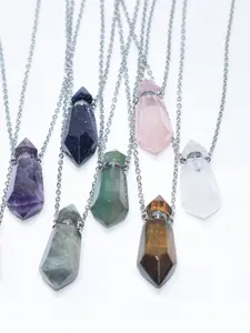 Crystal Hexagonal Prism Perfume Bottle Necklace Pendant, Dual Pointed Six-Sided Essential Oil Diffuser, Empty Bottle Design, Charms Necklace