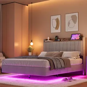 【Christmas Gift】King Floating Bed Frame with LED Lights Charging Station No Box Spring Needed Easy to Assemble Grey