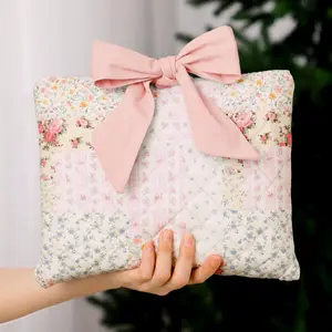 Quilted Cotton Bible Sleeve, 11x9 in Padded Washable Book Cover Case with Bow Closure & Floral Print, Fits Bibles, Christian Gift for Women Book Lovers, Office Stationery Desk Accessory for Protection
