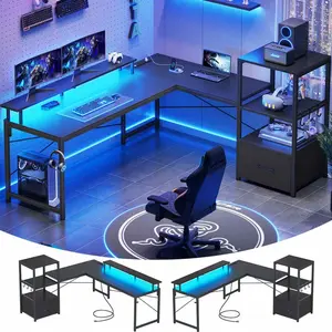 Sikaic 51 Inches Reversible LED Lights L Shaped Gaming Desk With Power Outlets & Fabric File Drawer Monitor Stand And Hooks Computer Modern