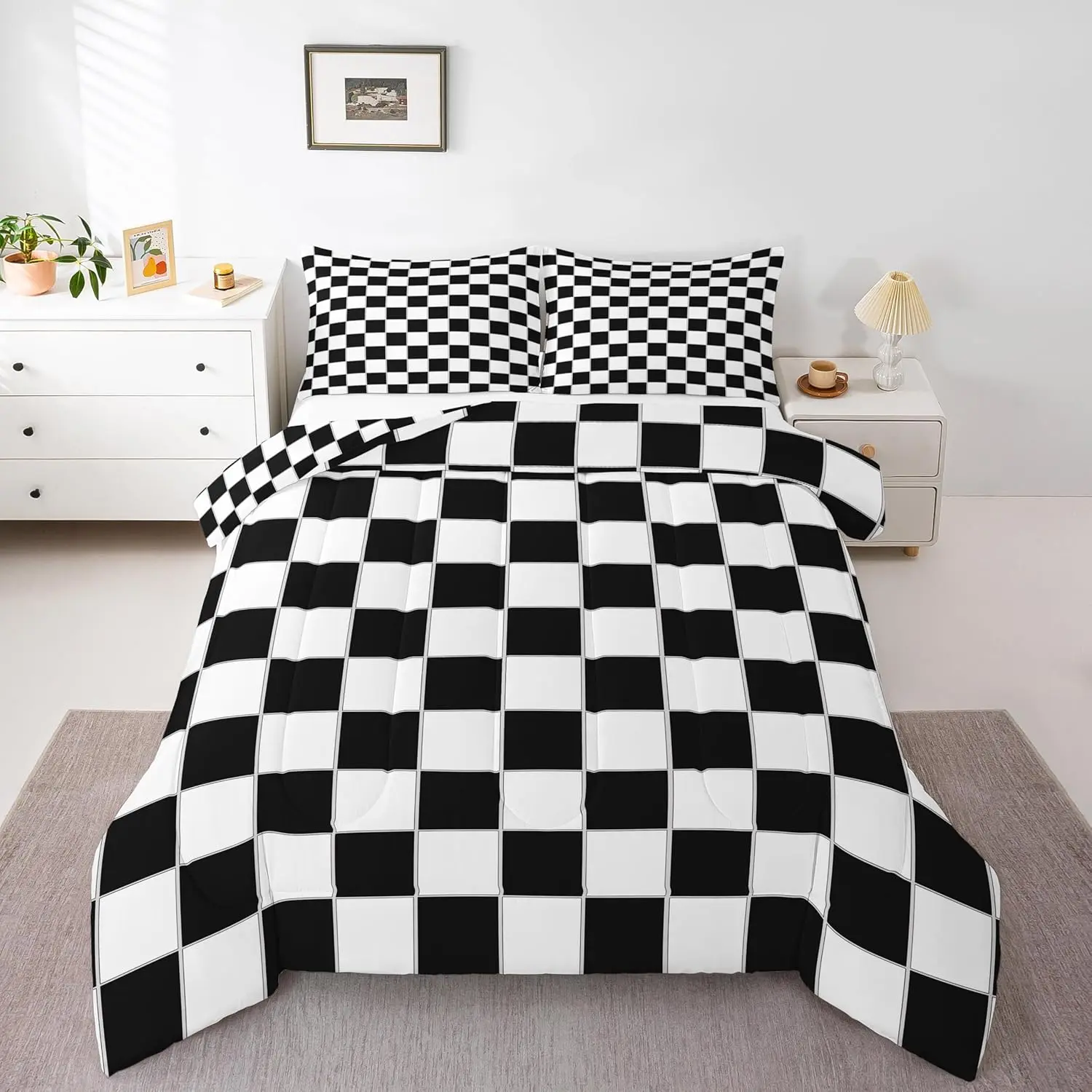 Feelyou Reversible Black Grid-Buffalo Plaid Comforter Set - Comfy, Breathable, Decorative Microfiber Bedding Set with Black and White Checkered Gingham Duvet Insert for Farmhouse Bedrooms, Comfy Bedding Set