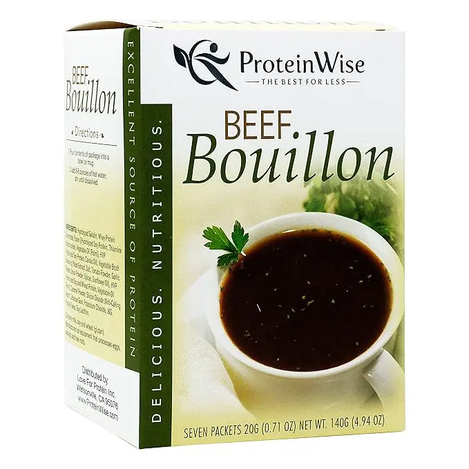 ProteinWise High Protein Soup, Beef Bouillon, Fat-Free, Low Cholesterol, Low Carb, Sugar-Free, Bariatric & Weight Loss Friendly, 7 Servings/Box