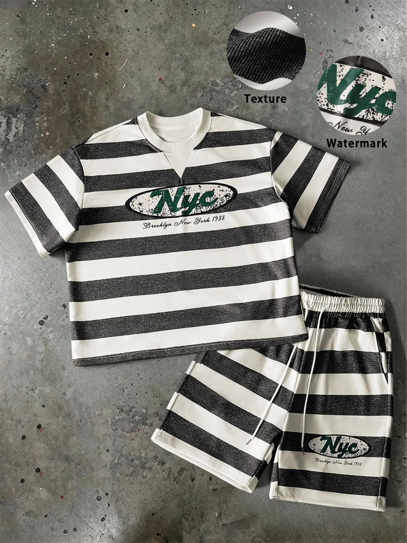 Men's Casual Loose-Fit Short Sleeve T-Shirt and Shorts Set, Round Neck, Vintage Stripes, 80s Nyc Style, Retro Fashion