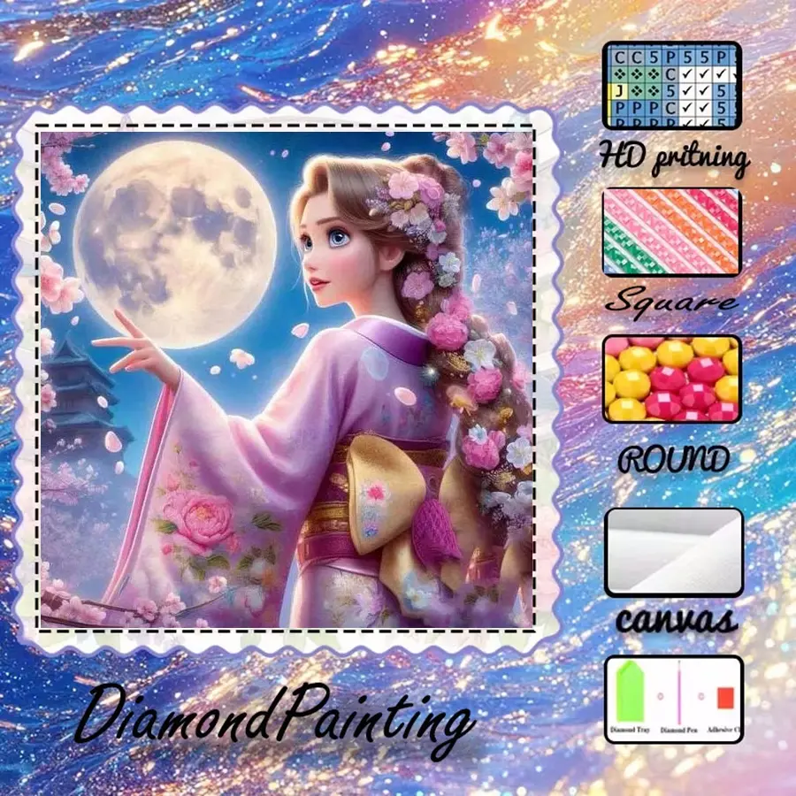 5D-DIY, high-grade velvet canvas, diamond art, diamond painting kit, kimono girl, cherry blossoms, full moon AB diamonds, fairy dust diamonds, crystal diamonds, perfect home decoration, handmade diamond art painting kit, special craft diamond art kit.