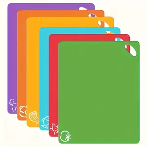 6-Piece Kitchen Plastic Chopping Board Set Extra-Thick Flexible Cutting Mats for Cooking Non-Slip Chopping Boards with Color-Coded Food Icons and Easy-Grip Handles Kitchenware, Dorm Supplies