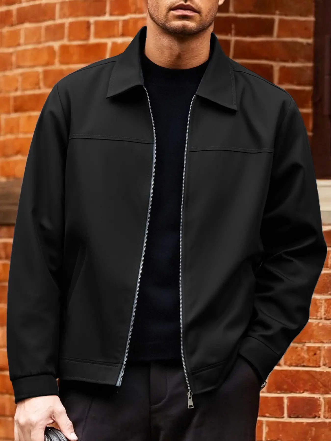 Men's Lightweight Jacket for Spring & Fall, Casual Fitted Plain Design, Long Sleeve, Zipper Closure, Polyester Fabric, Coats, Menswear