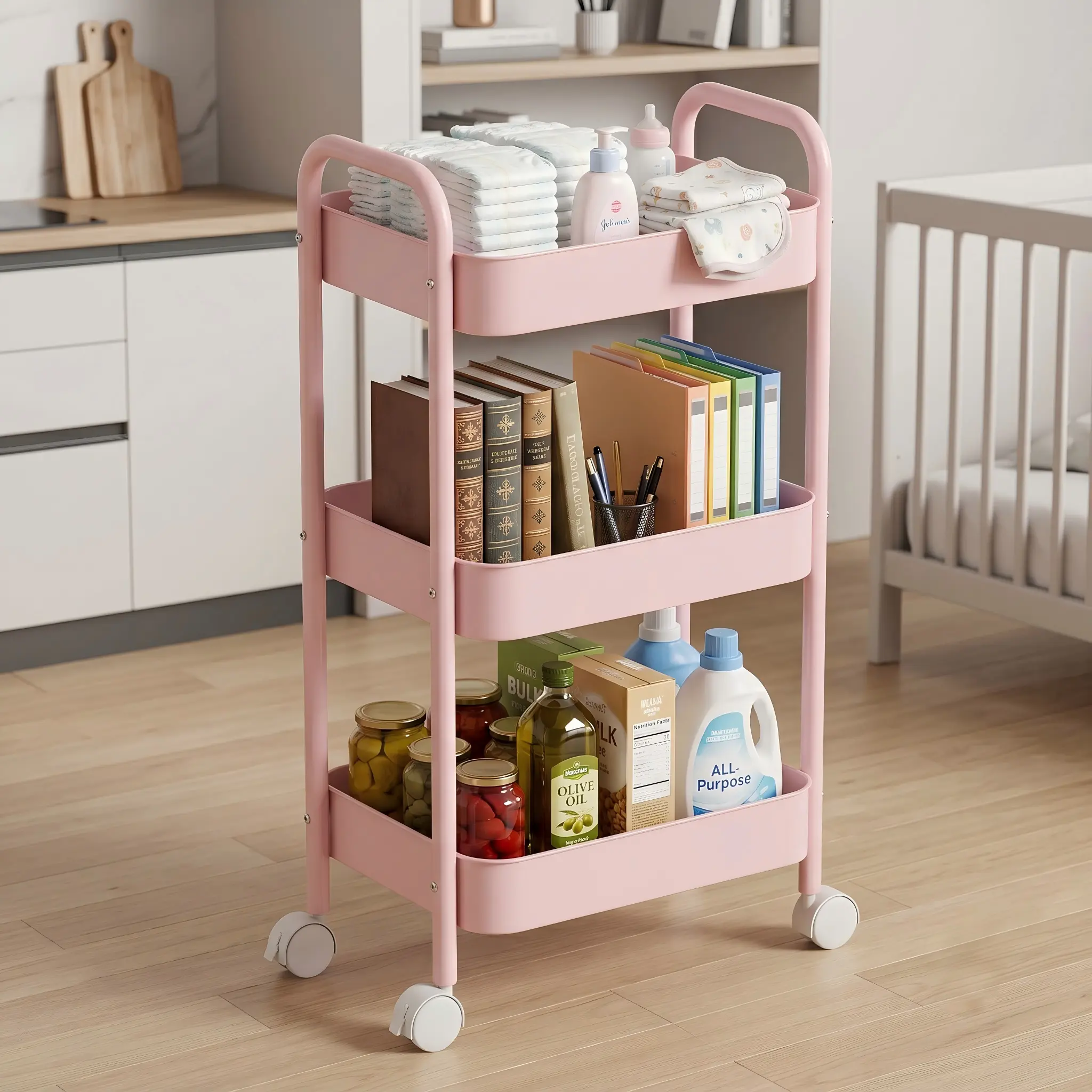 Heavy Duty 3-Tier Metal Rolling Storage Organizer Cart - Anti-Rust Utility Cart with Brake-Pad Wheels, Rust-Resistant Mesh Baskets, Racks for Kitchen Pantry, Nursery Organizer Storage