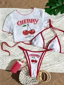 Women's Floral Short Sleeve Bikini Set, Cherry Print Bikini, Asymmetrical Tie Side Design, Drop Waist Fitted Swimwear, Casual All Seasons Bathing Suit