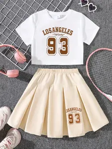 Girls' Set Los Angeles 93 Number Print Short T-Shirt + Pleated Skirt, Everyday Wear, Fashion Style Sets, Fashion Trend Two-Piece Clothing