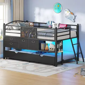 Sikaic Low Loft Bed Twin Size with Trundle, LED Lights & Storage Drawers, Kids Loft Bed with Open Cubbies, DIY Pegboard, Safety Guardrail & Under-Bed Play Area, Black