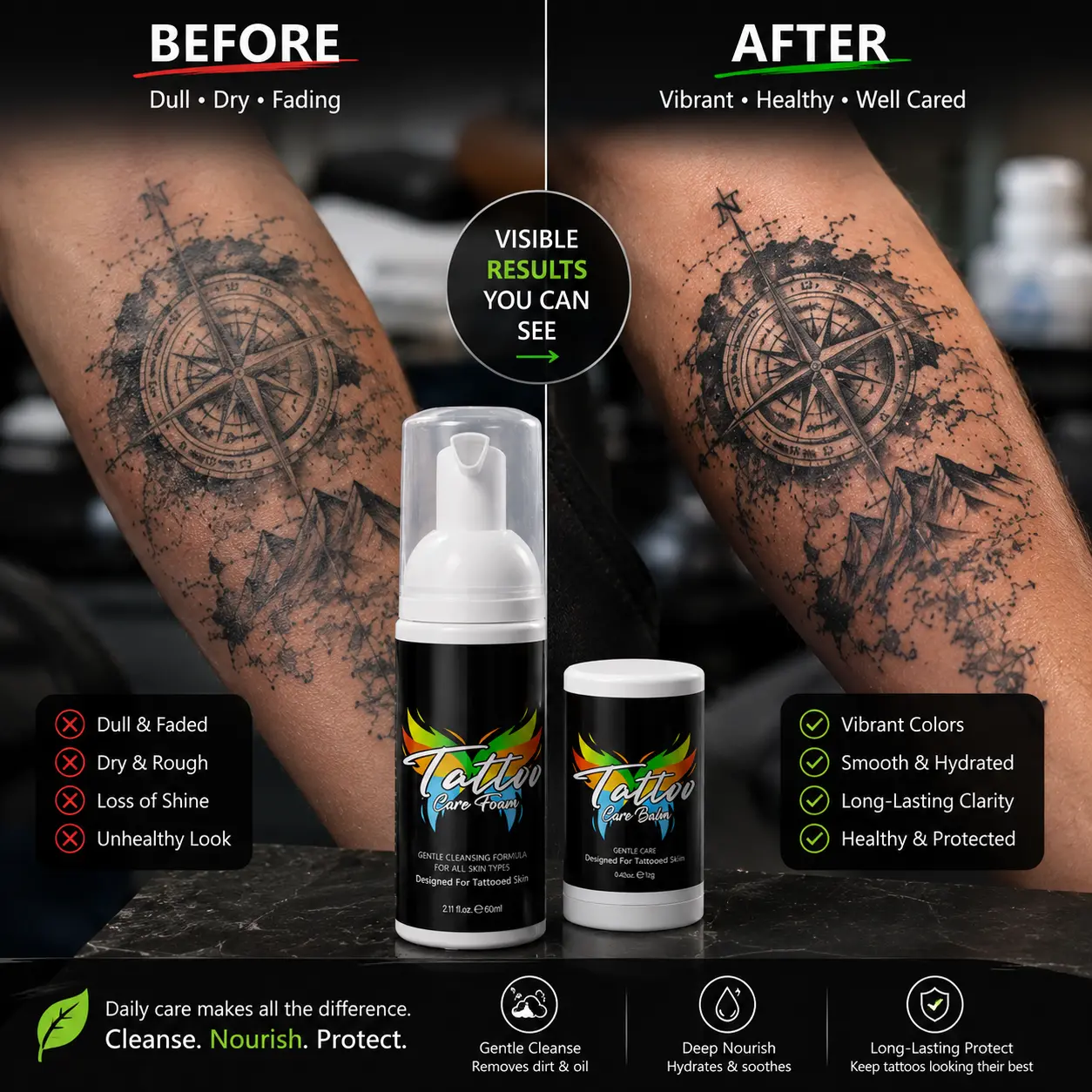 Tattoo Aftercare 2-Piece Set, Gentle Cleansing Foam 60ml & Daily Care Balm 12g for Tattooed Skin, Moisturizing Tattoo Care Kit for New & Existing Tattoos