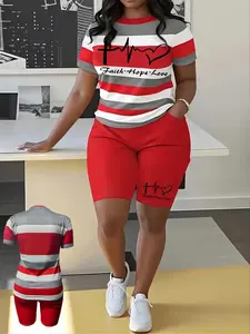SummerVibes Women Summer Plus Size Short Set - Casual 2-Piece Crew Neck Short Sleeve Top With Pockets And High Waisted Pocket Shorts - Medium Stretch Polyester, Machine Washable, Women's Athleisure Wear