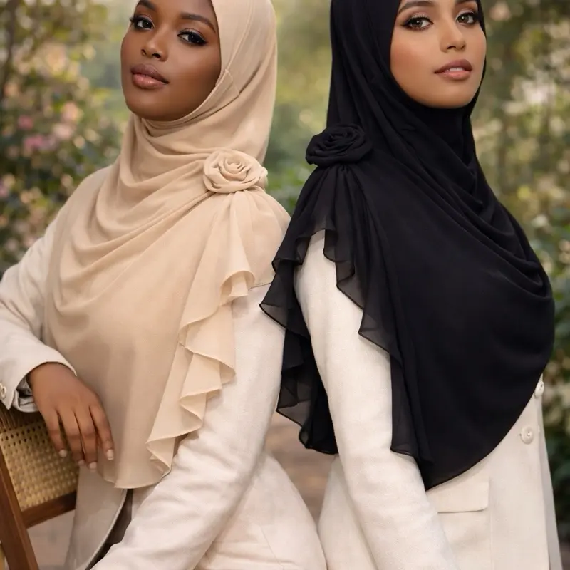 Classic black Rosette Grace Instant jersey Hijab with chiffon 3D Rose Accent shoulder panel