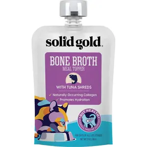 Solid Gold Bone Broth Tuna Meal Topper for Cats - Real Chicken Bone Broth, Premium Shreds, Collagen for Gut Health, Grain-Free Wet Cat Food Topper
