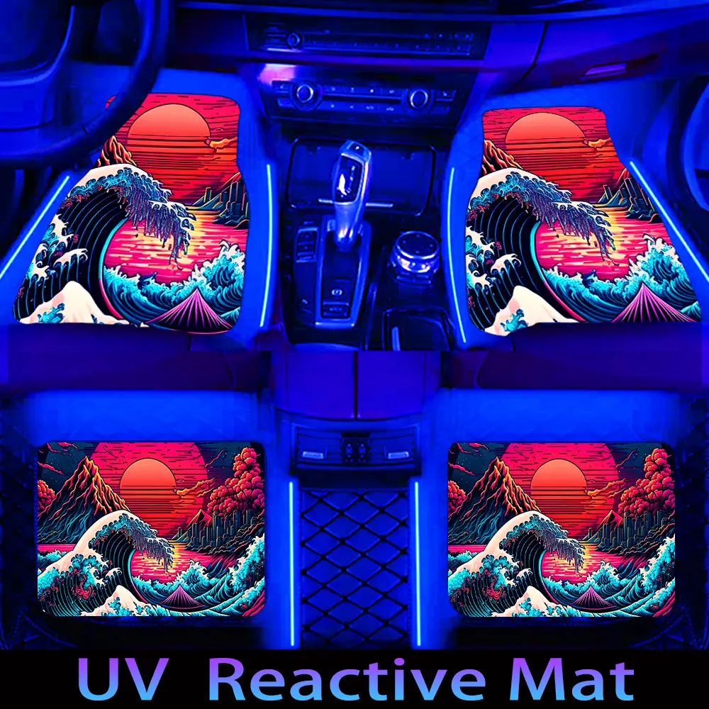 4/4pcs Sea Wave Pattern Flannel Black Light-Reflective Car Floor Mat, UV-reactive Luminescent Car Floor Mat, Suitable for most car front and rear seat carpets, car interior protection and decoration