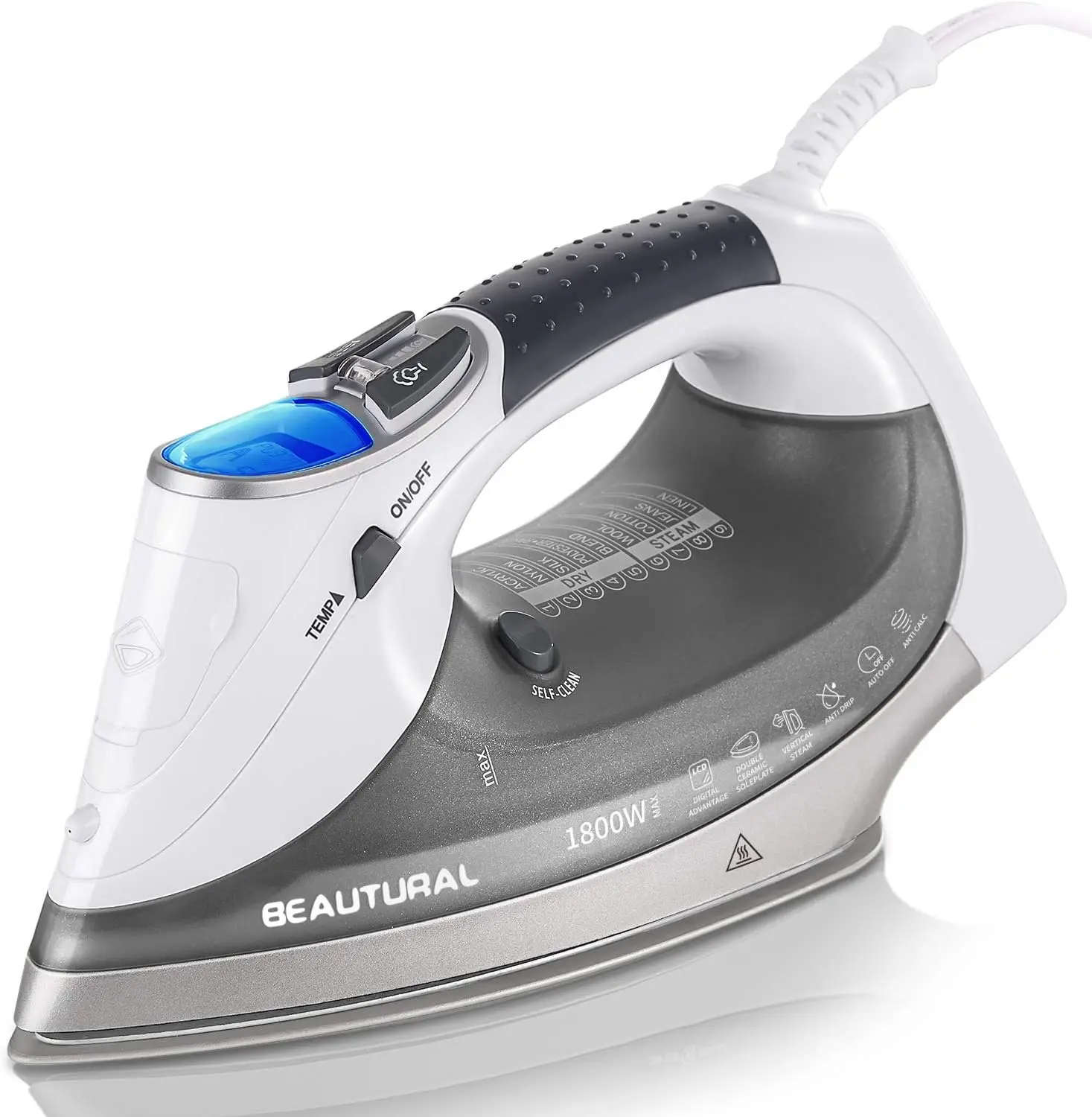 BEAUTURAL 1800W Digital LCD Steam Iron, 3-Way Auto Shutoff, Double-Layer Ceramic-Coated Soleplate, 9 Preset Temperatures, Steam Burst, Anti-Drip, Anti-Calc for Variable Fabrics