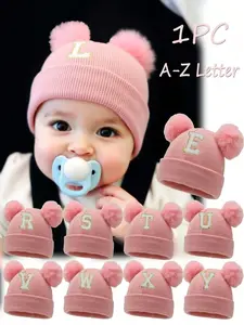 Unisex A-Z Letter Knitted Hat, Baby Toddler Fashionable Pom-Pom Beanie, Loose Fit Warm Winter Accessory for Boys & Girls Ages 0-3 Years, Beanies