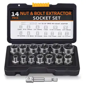 14-Piece Nut Remover Set, Includes 13 Bolt Nut Removal Tools, Pull Rod, 1/4 Inch to 3/8 Inch Hex Socket Adapter, Socket Wrench Set, Essential Tool Kit, Socket Combination Tool