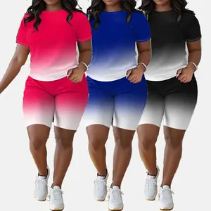 2pcs Women's Plus Size Casual Polyester Gradient All Over Print Short Sleeve Crew Neck Top And Shorts Set, Knit Fabric, Regular Fit, No Belt, Suitable for Spring And Summer Collection