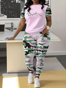 Women's Camo Print Casual Summer Set, Round Neck Short Sleeve Tee and Long Pants Two-Piece, Fitted Regular Length