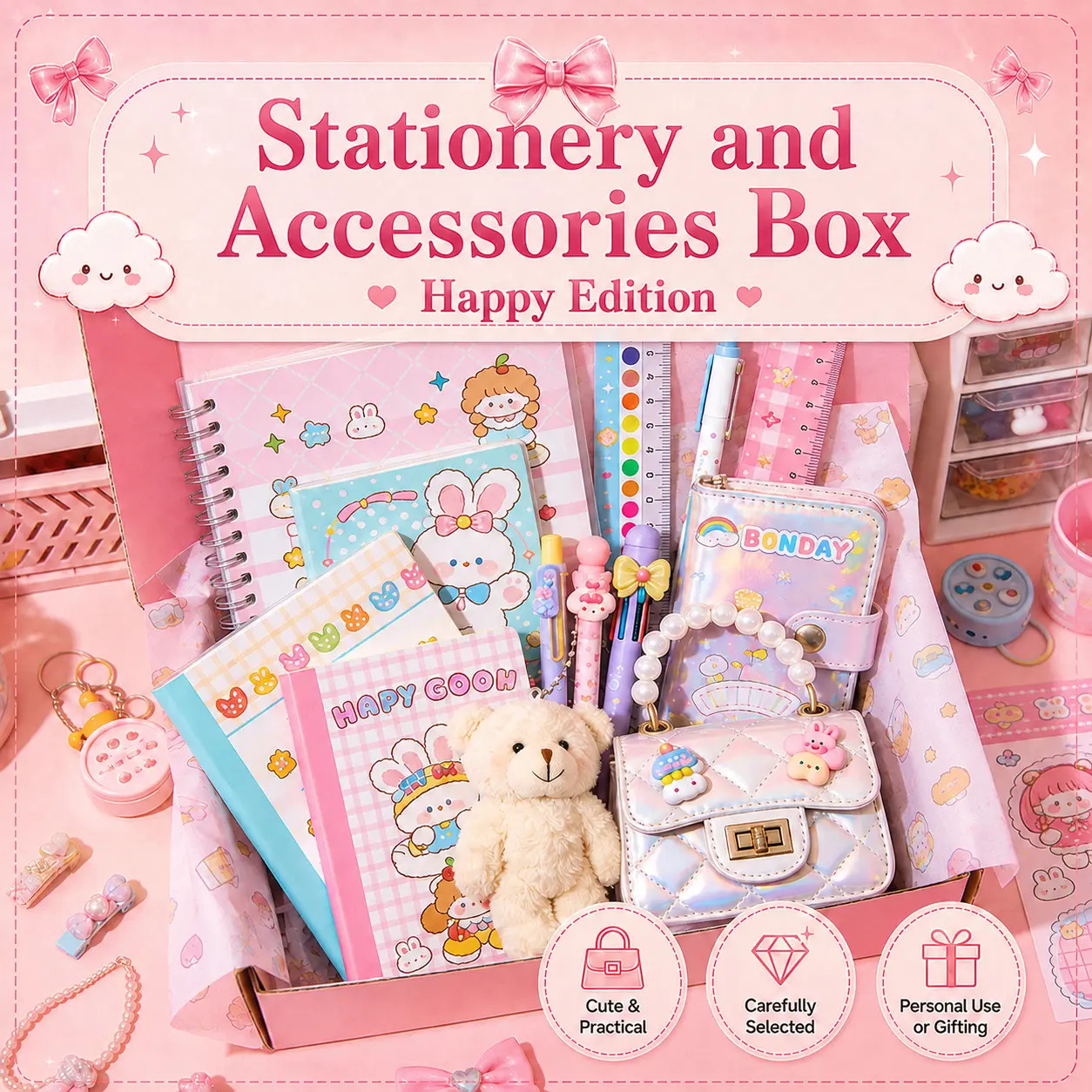 Stationery and Accessories Box - for Personal Use or Gifting (Happy Edition)