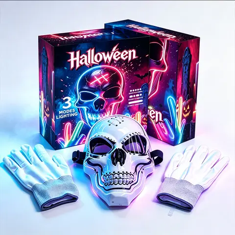 Halloween LED Scary Skeleton Hacker Mask - One Size Cosplay Horror Mask Party Clothing, Creepy Accessories, Multi-Color Glowing Lights, Multiple Light Modes for Festive Themed Parties