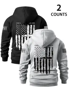 Men's Flag Pattern Fleece Hoodie Set, Fitted Casual Fashion Daily Wear, Comfortable and Stylish Hooded Clothing, Fall & Winter, Graphic Sweatshirts