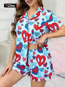 2-piece Valentine's Day Women's Blue Bottom Full of Spider Web Love Spider Love Cartoon Character Pattern Printed Short Sleeve Shorts Soft and Comfortable Top Small Pocket Elastic Waist Head Suitable for Four Seasons Home Daily Casual Pajama Set