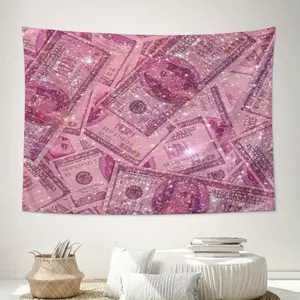 Durable Decorative Velvet Tapestry - Glittering Peach Dollar Bill Design, Lighted Wall Hanging, Whimsical Room Decor, Home Bedroom Decor, Bedroom Inspo, Teen Dorm Supplies