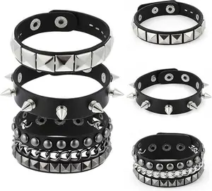 3 Pcs Punk Rock Studded Bracelet Set Spiked Leather Cuff Bracelet for Men Women 80s Wristband Emo Bracelet Adjustable