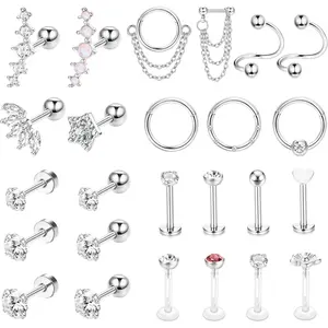 FASACCO Unisex 25-Count 16G Surgical Steel Cartilage Jewelry - Helix Piercing Earrings, Flatback Earrings, Geometric Conch Hoop Daily Accessories Summervibes