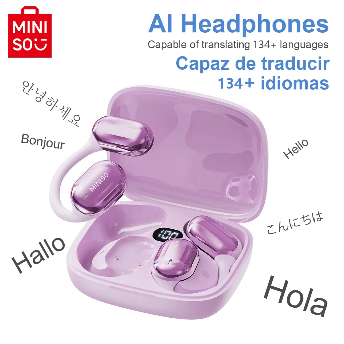 MINISO MS162 Translation BT earbuds, Translator Earbuds, Phone Call Headset, Supports 134 languages with Traslate APP, OWS Open Wireless Earphones, HIFI Sound Quality Built in Microphone, Long Battery Earbuds, True Wireless Earbuds