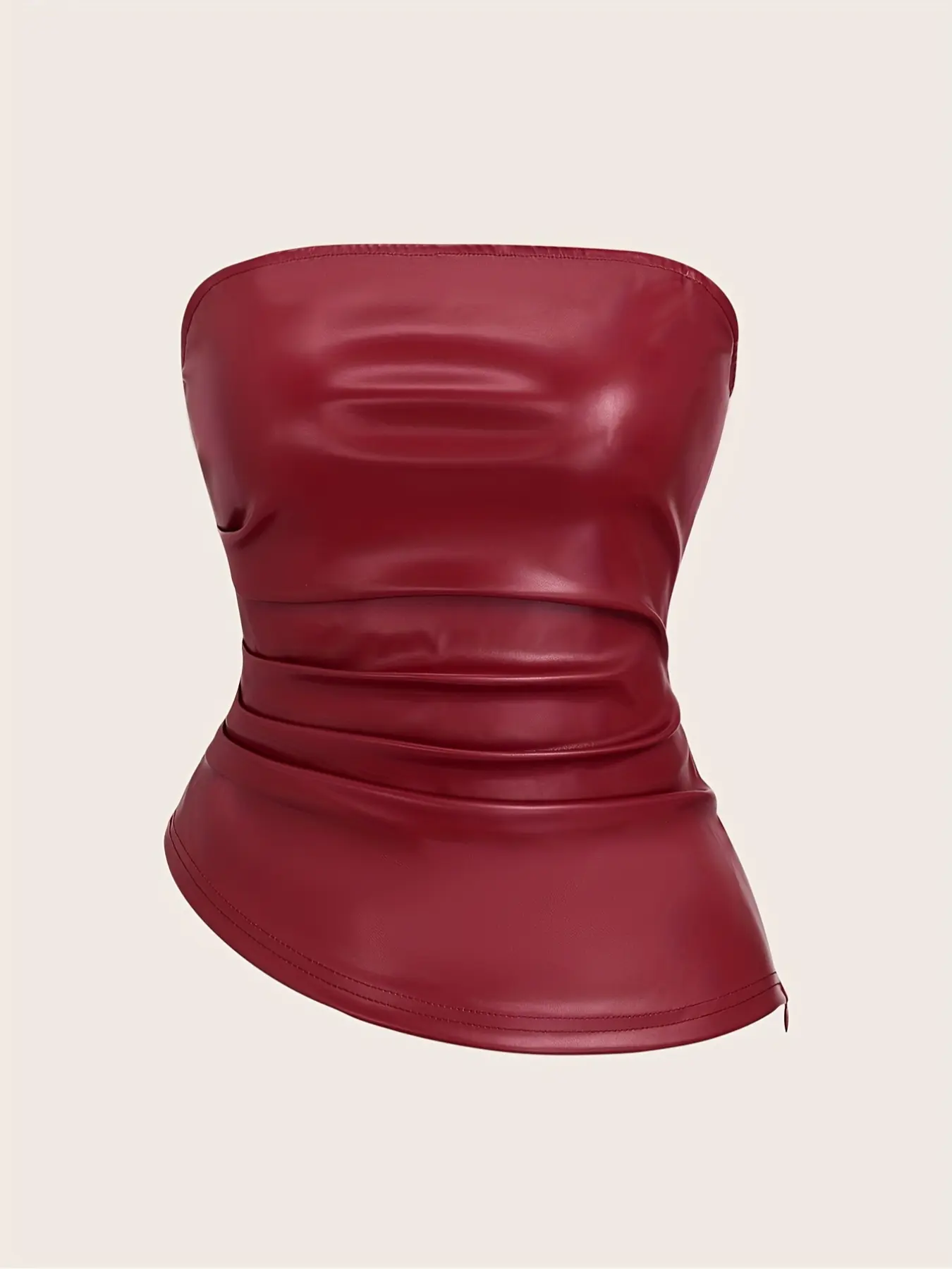 Burgundy Leather Elegant Sleeveless Halter Top, Fashionable Smooth Ruched Asymmetrical Side Zipper, High Street Sexy Fitted Women's Sleeveless Shirt Lady, Womenswear