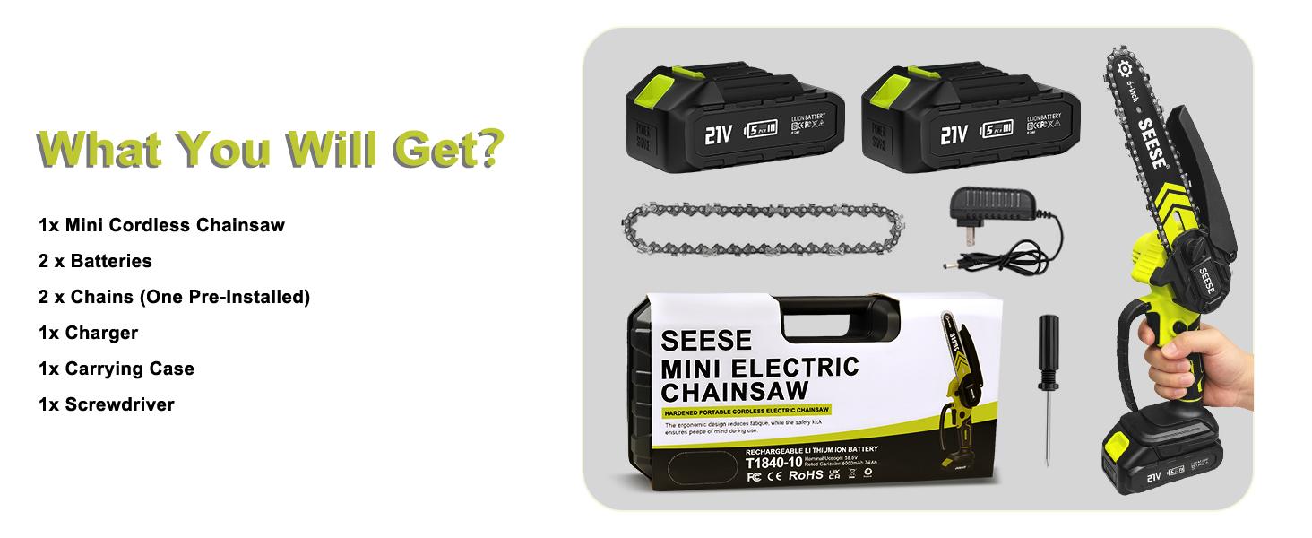 【FathersDayGift】SEESE Brushless Mini ChainSaw Oil System- Portable Electric Cordless Saw for Wood Cutting, Batteries (2000mAh) ,Pruning, Gardening, Camping - Suitable for Seniors, Women Holiday gifts