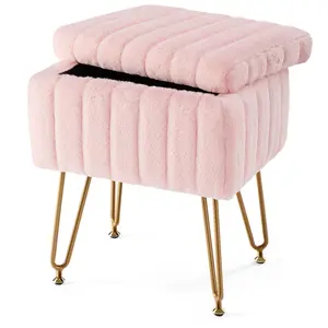 【Deal】Vanity Stool Chair with Storage, Ottoman Faux Fur Soft Padded Makeup Footstools Seat with 4 Metal Legs Anti-Slip Adjustable Feet