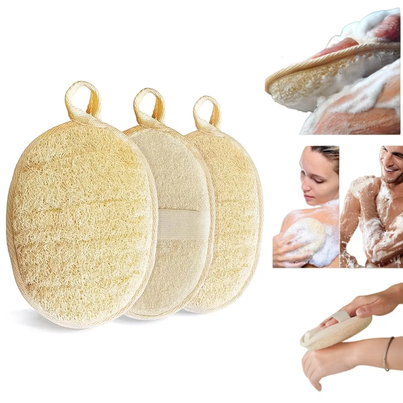 3pcs Natural Loofah Exfoliating Sponge - Gentle Body Scrub Sponge for Both Men and Women, Soft Colors, with Hanging Holes, Durable and Lightweight Texture.