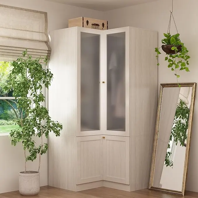 FUFU&GAGA Modern Bedroom Wooden L-Shape Armoire Wardrobe Closet - Warm Grey Furniture with Frosted Glass Doors, Hanging Bars, and Shelves for Indoor Storage Space, Interior