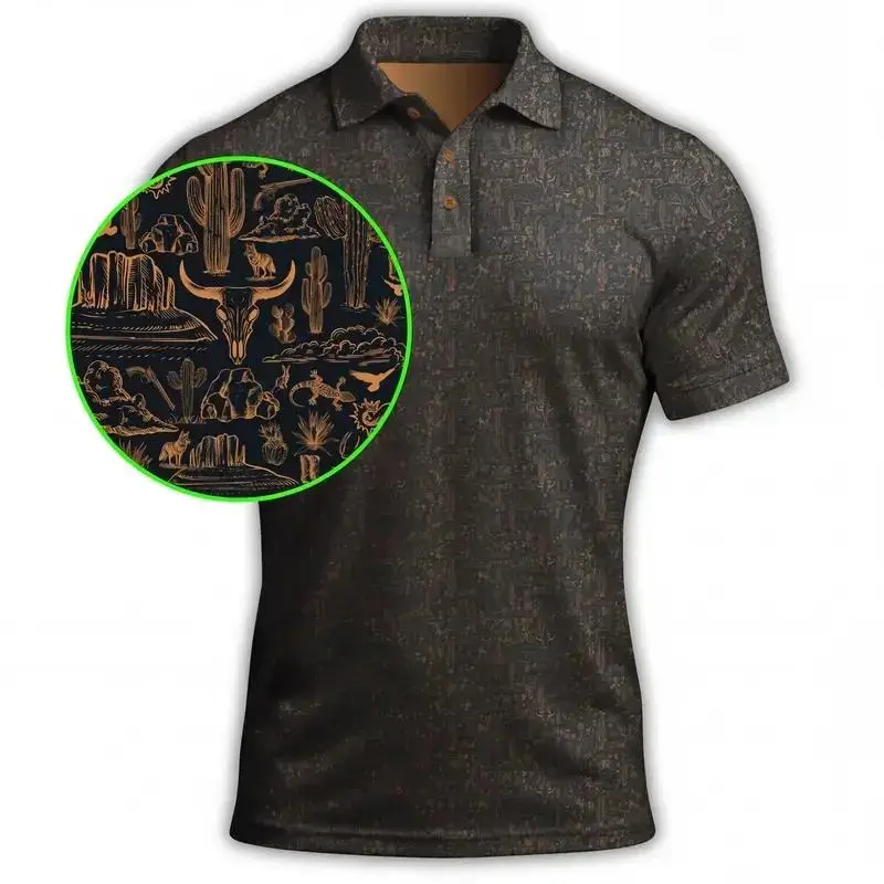 Men's Black and Copper Desert Golf Polo Top - Classic Casual Soft Print Menswear Performance Tops with Stretch Fabric, Sublimation Design for Daily Play Comfort