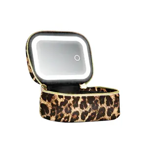 Women's Compact Smooth Leopard Print Makeup Bag, 3-Color Smart Light Modes HD Mirror Travel Makeup Case, Organized Storage for Daily & On-the-Go Use, Perfect Mother's Day Gift,summervibes