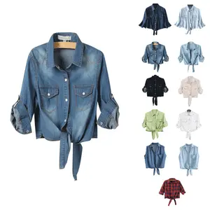 Naeduo Women's 3/4 Sleeve Denim Crop Top Tie Knot Shirt Cardigan