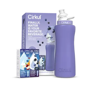 Cirkul 32oz. Periwinkle Stainless Steel Water Bottle Starter Kit with Blue Lid, 2 Flavor Cartridges (1 LifeSip Blackberry Blueberry and 1 GoSip Berry Blue Punch), Zero Calories and No Sugar