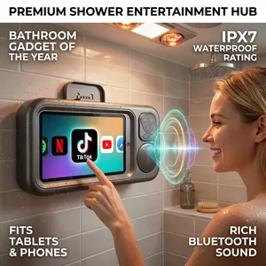 Bathroom Shower Phone Holder with Bluetooth Speaker, Waterproof Touch Screen Phone Case, 360° Rotation Wall Mount Phone Stand for Shower