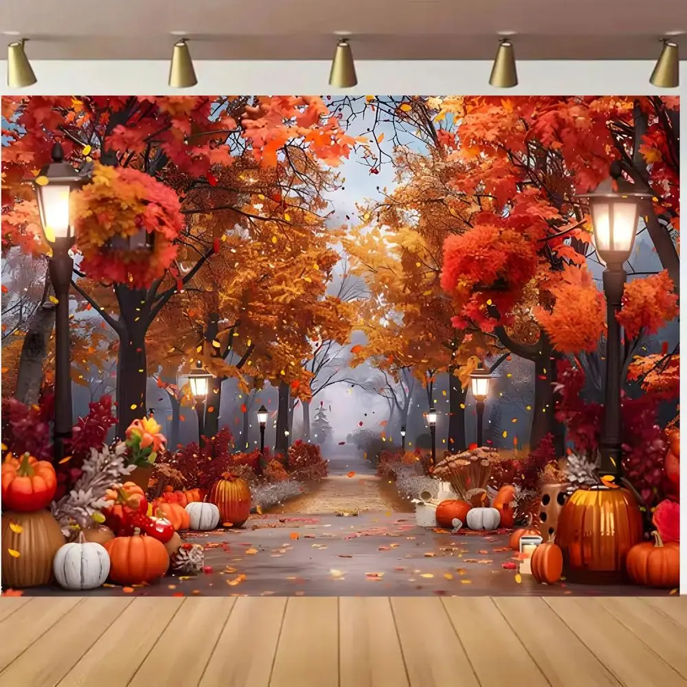 Autumn Splendor 1pc 2D Flat Polyester Backdrop - Vibrant Maple Grove Path with Pumpkins & Foliage, Durable, Feather-Free, No Power Needed, Ideal for Thanksgiving Harvest Parties, Birthday Decorations, Party Decoration Supplies