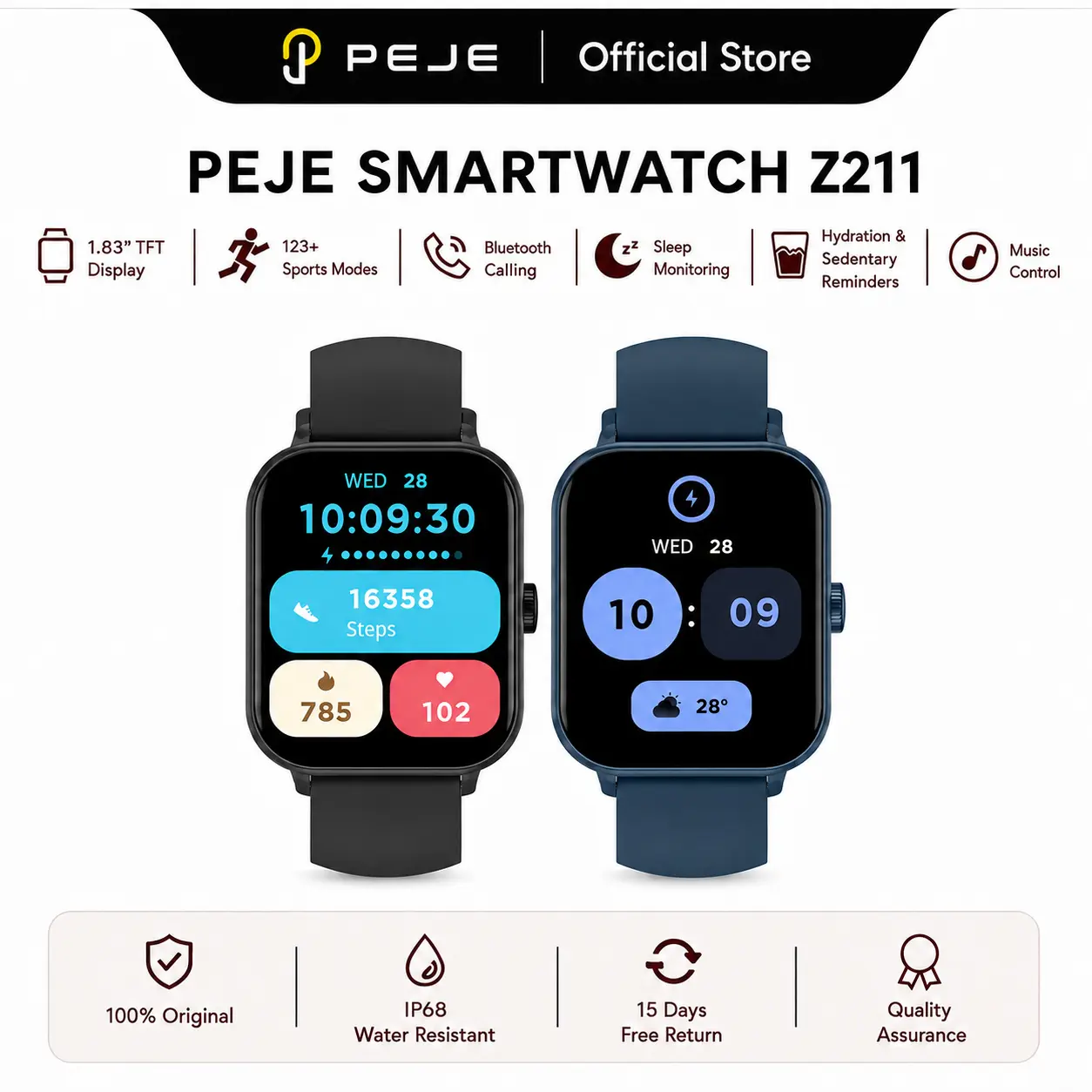 PEJE Z211  Smart Watch, 1.83-in Touch Screen Wearable Device with Bluetooth Call, AI Voice Assistant, 123 Sports Modes, Heart Rate Monitoring, Hydration Reminder, Sleep Tracking, IP68 waterproof for iOS & Android,work fashion fitness tracker