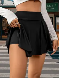 Women's High Elastic Pleated Sports Skirt, Stretchy Hiking Skirt, Lightweight Athletic Skirts, Tennis Running Hiking Pocket Design, Safe Anti-Exposure, Casual Fitness Wear